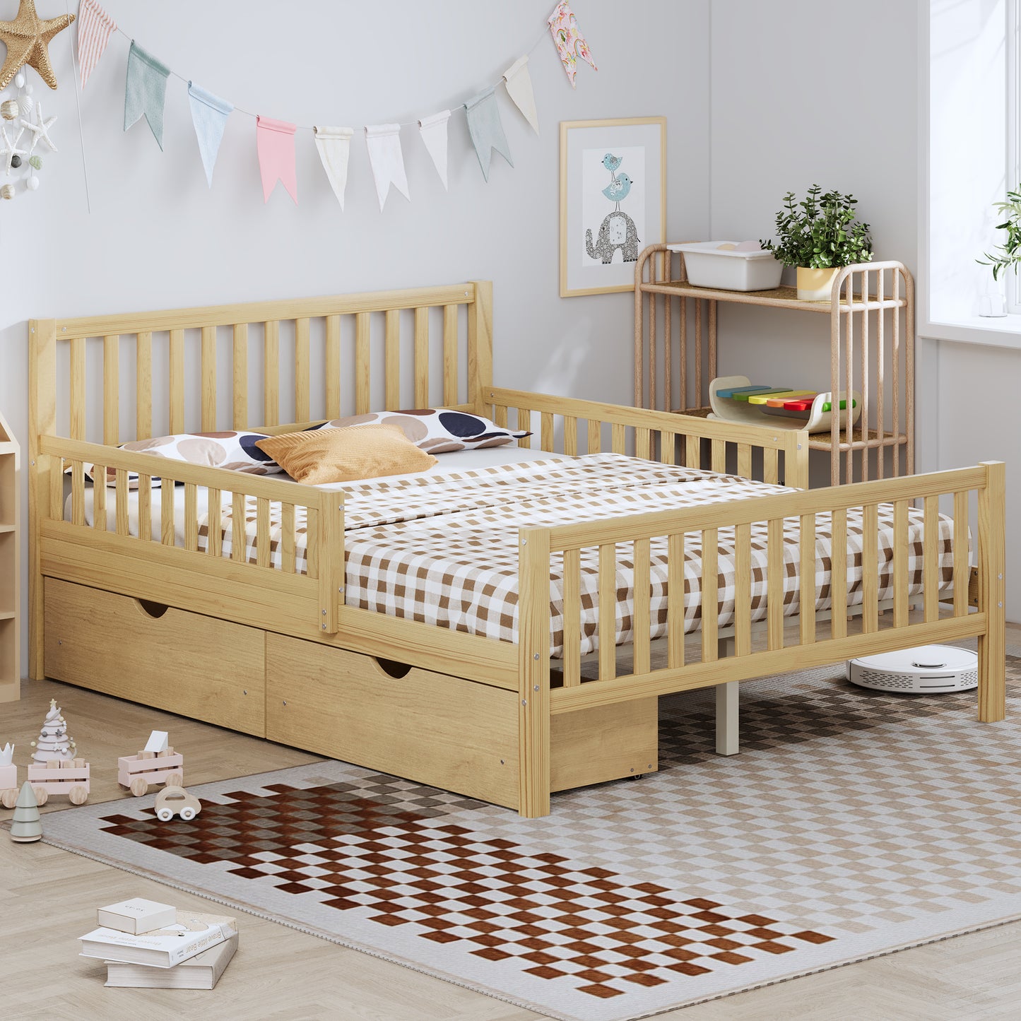 Full Size Wood Platform Bed With Guardrails On Both Sides And Two Storage Drawers ,Natural