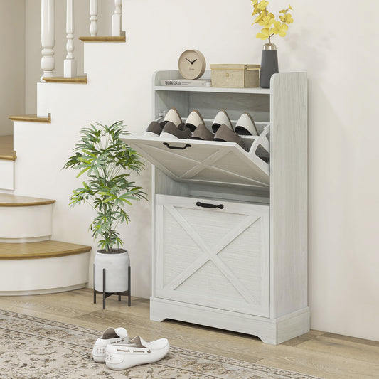 Slim Shoe Storage Cabinet, Farmhouse Shoe Cabinet With 2 Flip Drawers, Adjustable Shelves For 8 Pairs, Distressed White