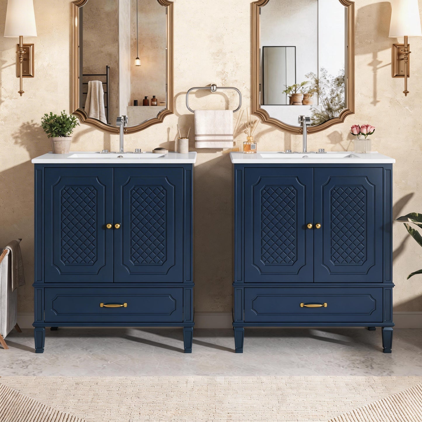 Video 60  Bathroom Vanity With Double Sink Combo Set, 2 Cabinet With Door Organizers, 2 Drawers, Blue