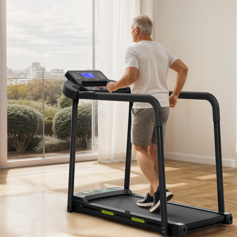A Walking Treadmill For The Elderly, Featuring A Stable And Safe Structural Design, A Large LED Display For Seniors, Long Handrails For Balance, And A 300-pound Capacity.