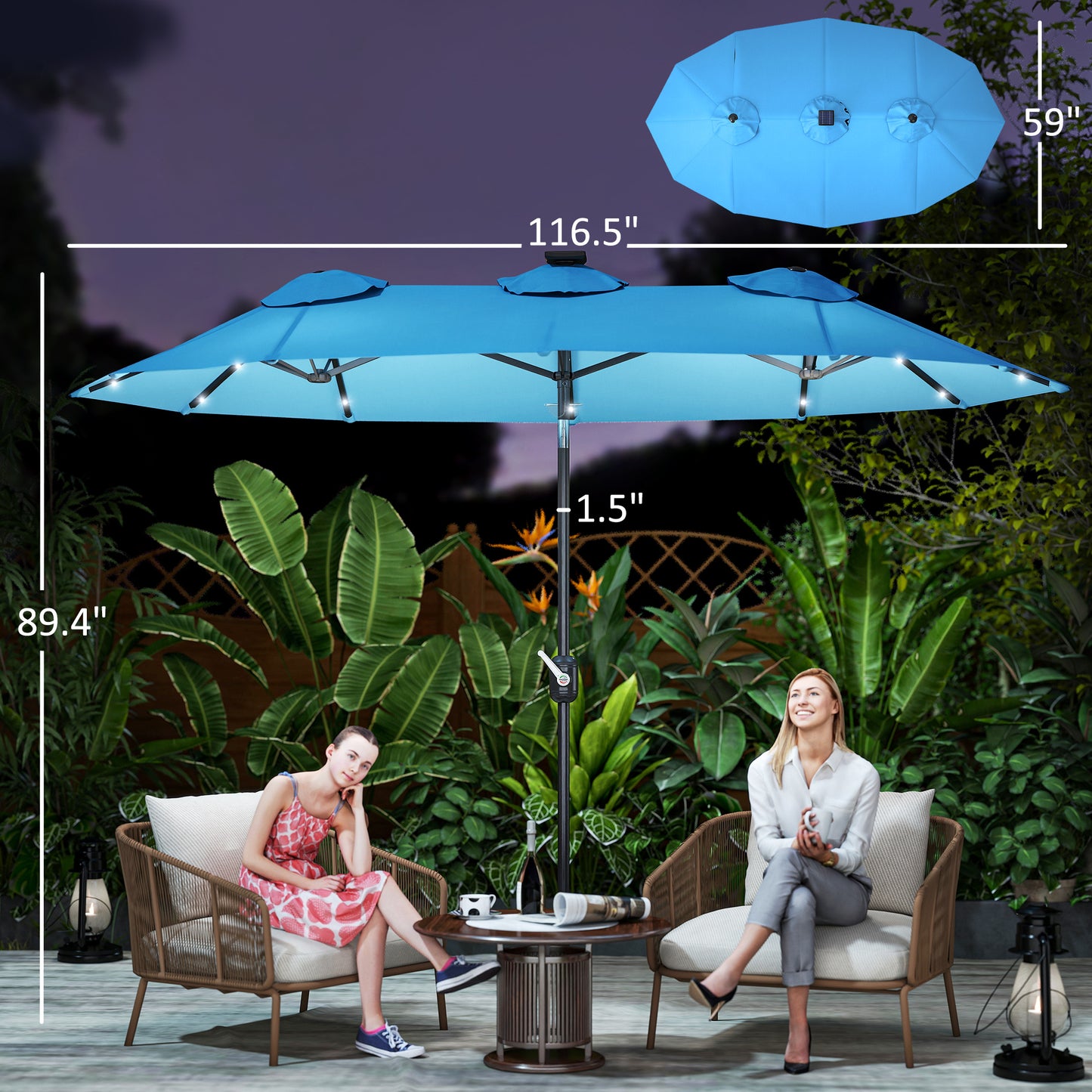 Double-sided Patio Umbrella, 9.7' Outdoor Umbrella With Tilt And Crank, LED Solar Light And 12 Ribs, Light Blue