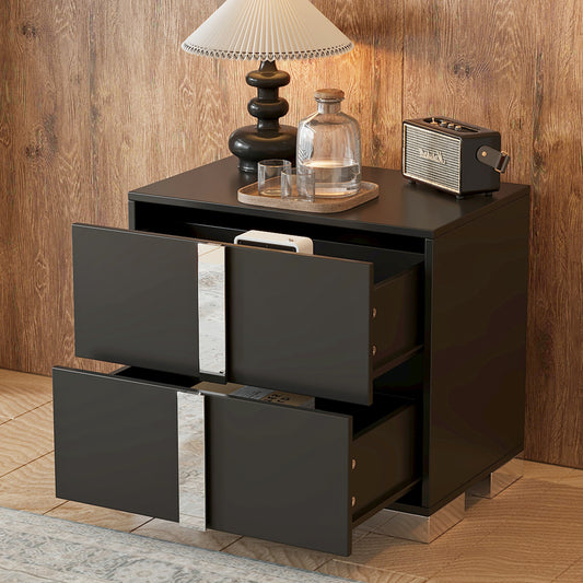 Elegant Nightstand With Metal Foot, Mirrored Bedside Table With 2 Drawers For Bedroom, Living Room, Black