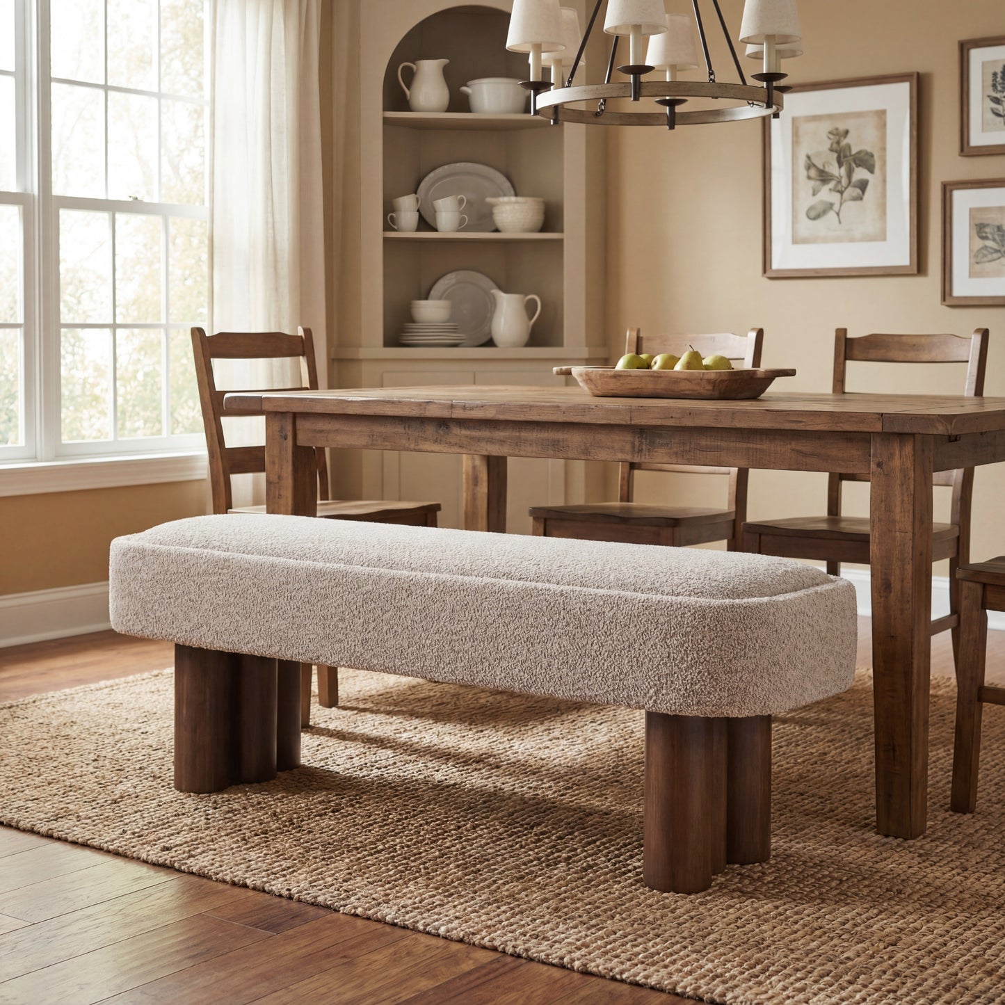 Indoor Khaki Boucle Dining Bench With Walnut Color Legs, 60.04 L Upholstered Seating For Kitchen, Dining Room And Living Space,250lbs Capacity