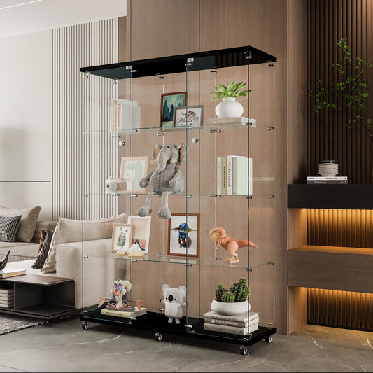 Glass Display Cabinet With 4 Shelves Extra Large, Curio Cabinets For Living Room, Bedroom, Office, Black Floor Standing Glass Bookshelf, Quick Installation