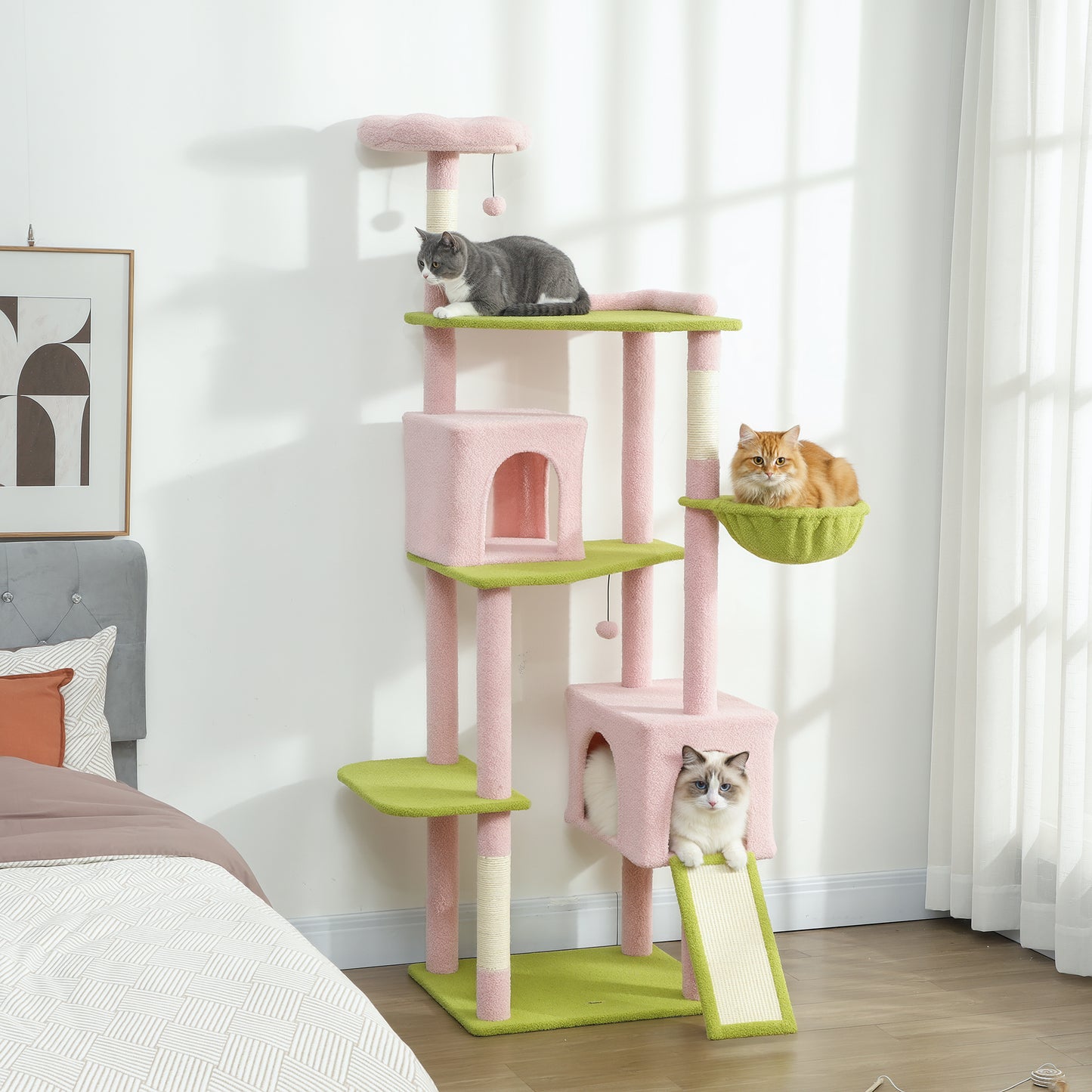74" Flower Cat Tree, Large Cat Tower With Scratching Post & Board For Indoor Cats, Pink