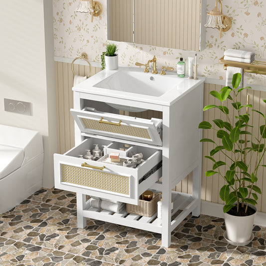 24   Bathroom Vanity With Integrated Ceramic Sink, Bathroom Cabinet With 1 Deep Drawer, 1 Tip-Out Drawer, Single Sink Bathroom Vanity For Small And Medium Restroom