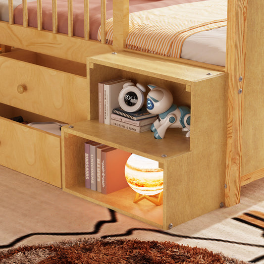 Low Loft Bed With LED Lights, Wooden Twin Loft Bed With House Shape Headboard, Kids Loft Bed With Storage Drawers, Natural Expect Arrival Date 2025 1 20
