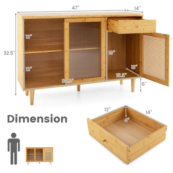Natural Bamboo Sideboard Cabinet With Rattan Door, Sliding Door & Pull-Out Drawer, 5-Leg Rubber Wood Base