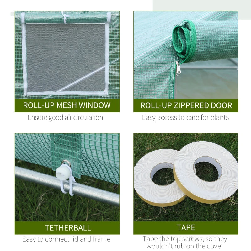 Outdoor Walk-in Greenhouse, Tunnel Green House With Roll-up Windows, Zippered Door, PE Cover, Heavy Duty Steel Frame, Green
