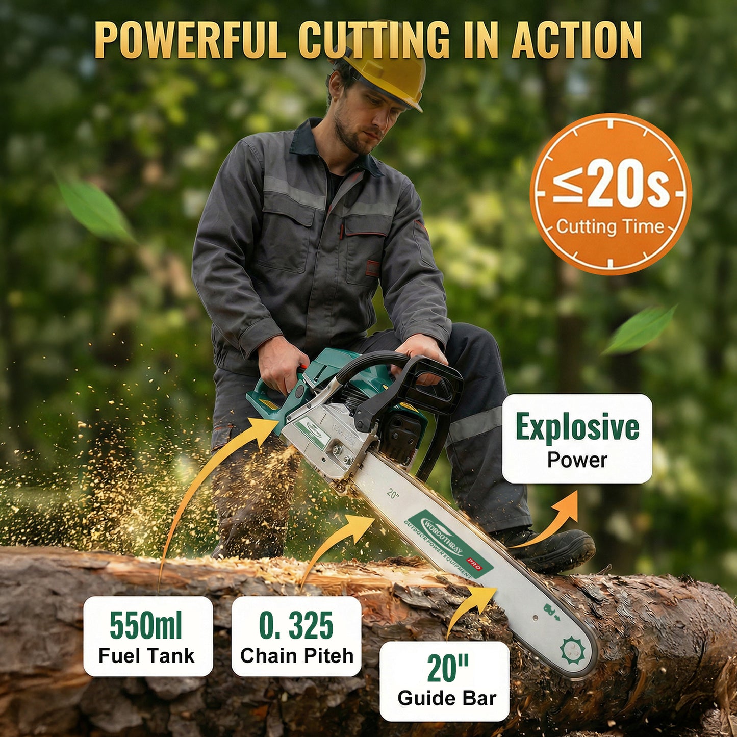 62CC 2-Stroke 20 Gasoline Chainsaw Power Engine Wood Cutting Gas Chain Saw