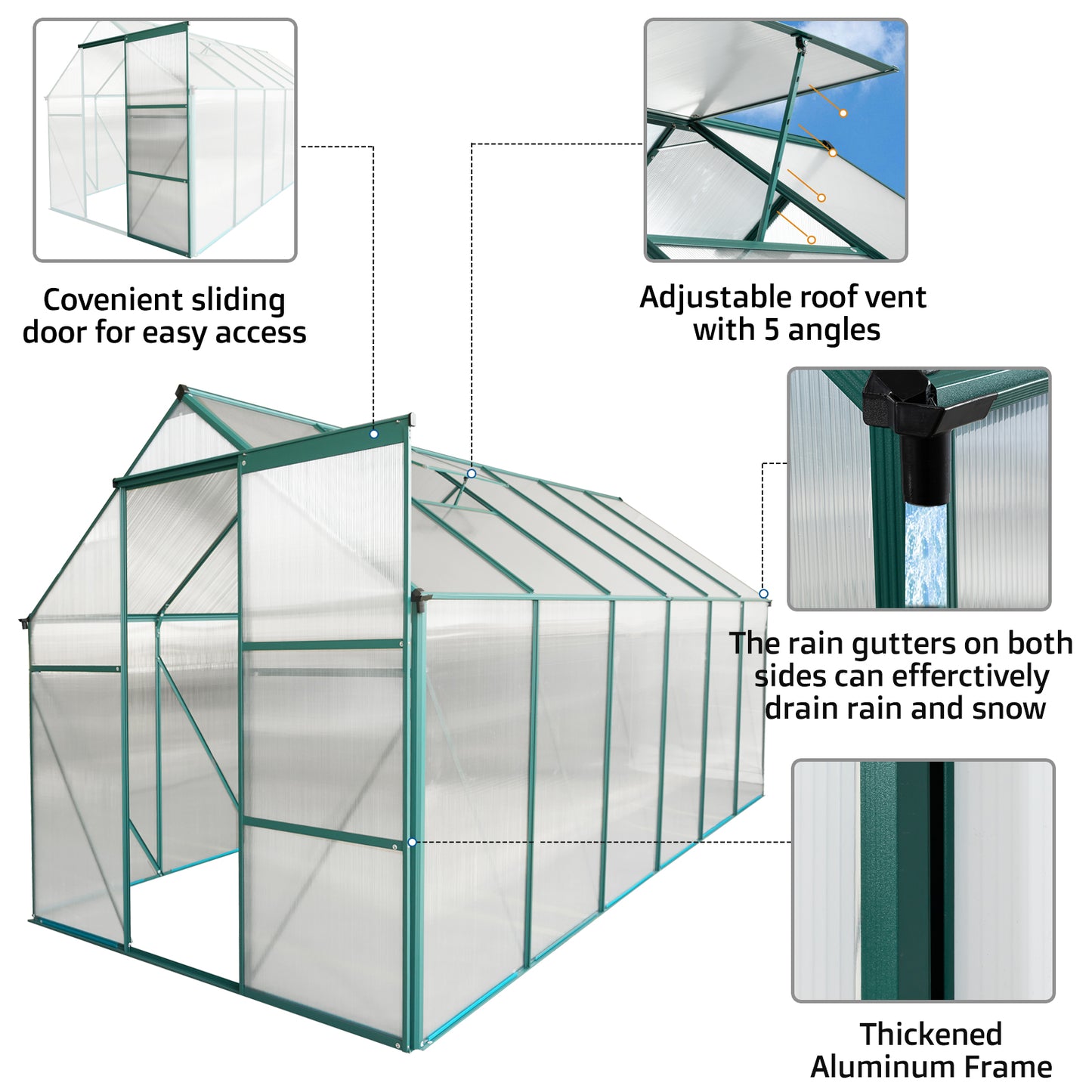 6x12 FT Polycarbonate Greenhouse Raised Base And Anchor Aluminum Heavy Duty Walk-in Greenhouses For Outdoor Backyard In All Season