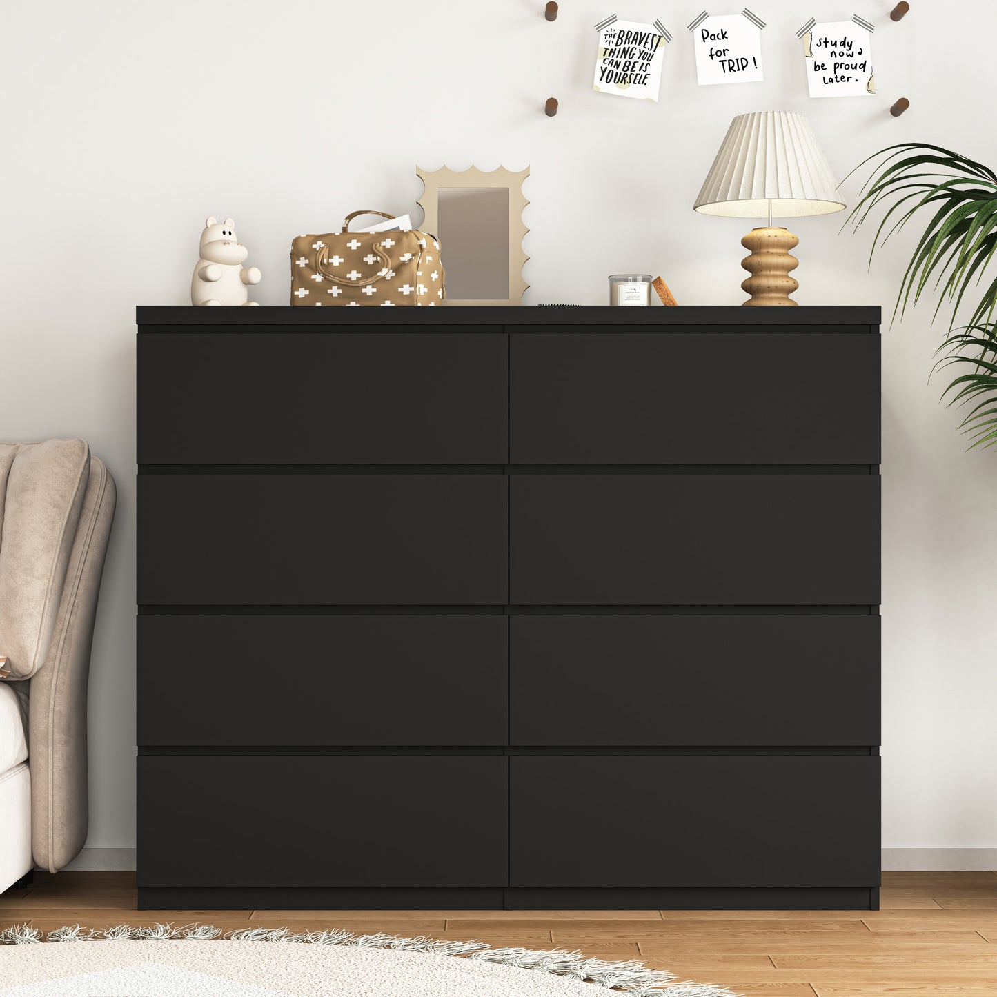 8 Drawers Dresser For Bedroom, Wood Bedroom Dresser Modern Drawer Chest, 8 Chest Of Drawer, Tall Dresser For Closet, Dressers Organizer For Living Room, Closet,Black