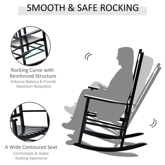 Wooden Outdoor Rocking Chair With Armrests, High Back For Garden, Patio, Balcony, Porch, Black