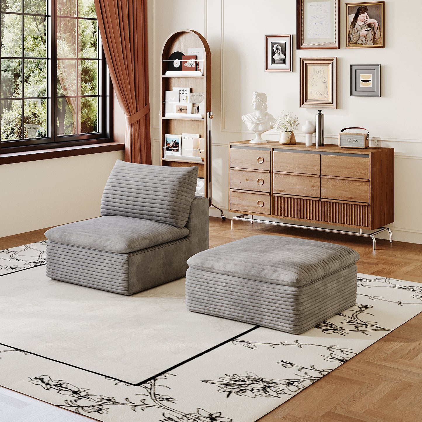 1 Middle Seat 1 Ottoman,Grey