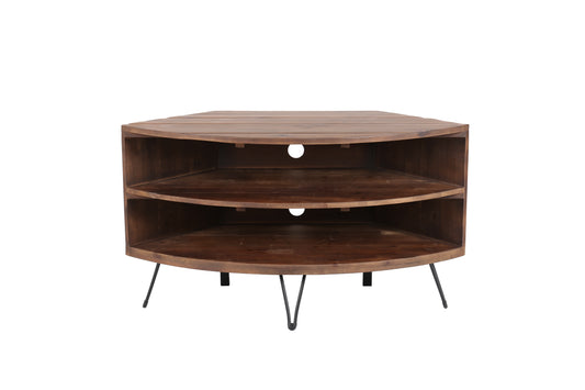 Fan Shape Reclaimed Wood Corner Media Table For Living Room Wise Use Your Space