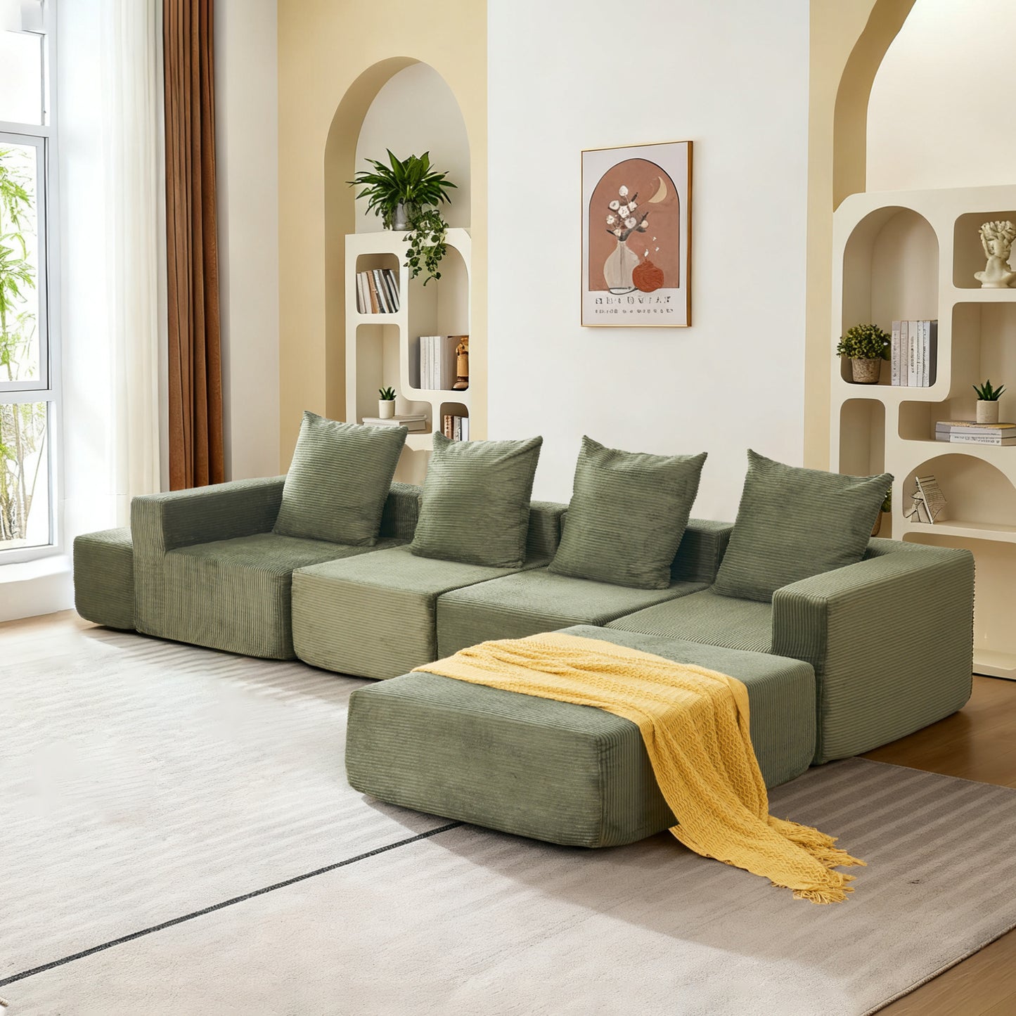 4-Seat Modular Sofa Sectional With Oversized Chaise & Ottomans - Cloud Couch In Soft Corduroy Fabric For Small Spaces, Living Room, Apartment  Green