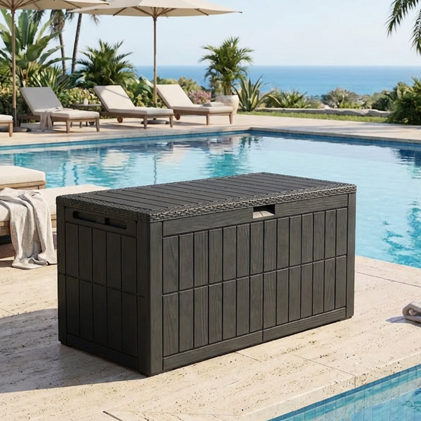 1 0 0 Gallon Outdoor Storage Box Water Proof Resin Deck Box Lockable Storage Bin For Cushion Patio Furniture Pool Accessories Garden Tools Black