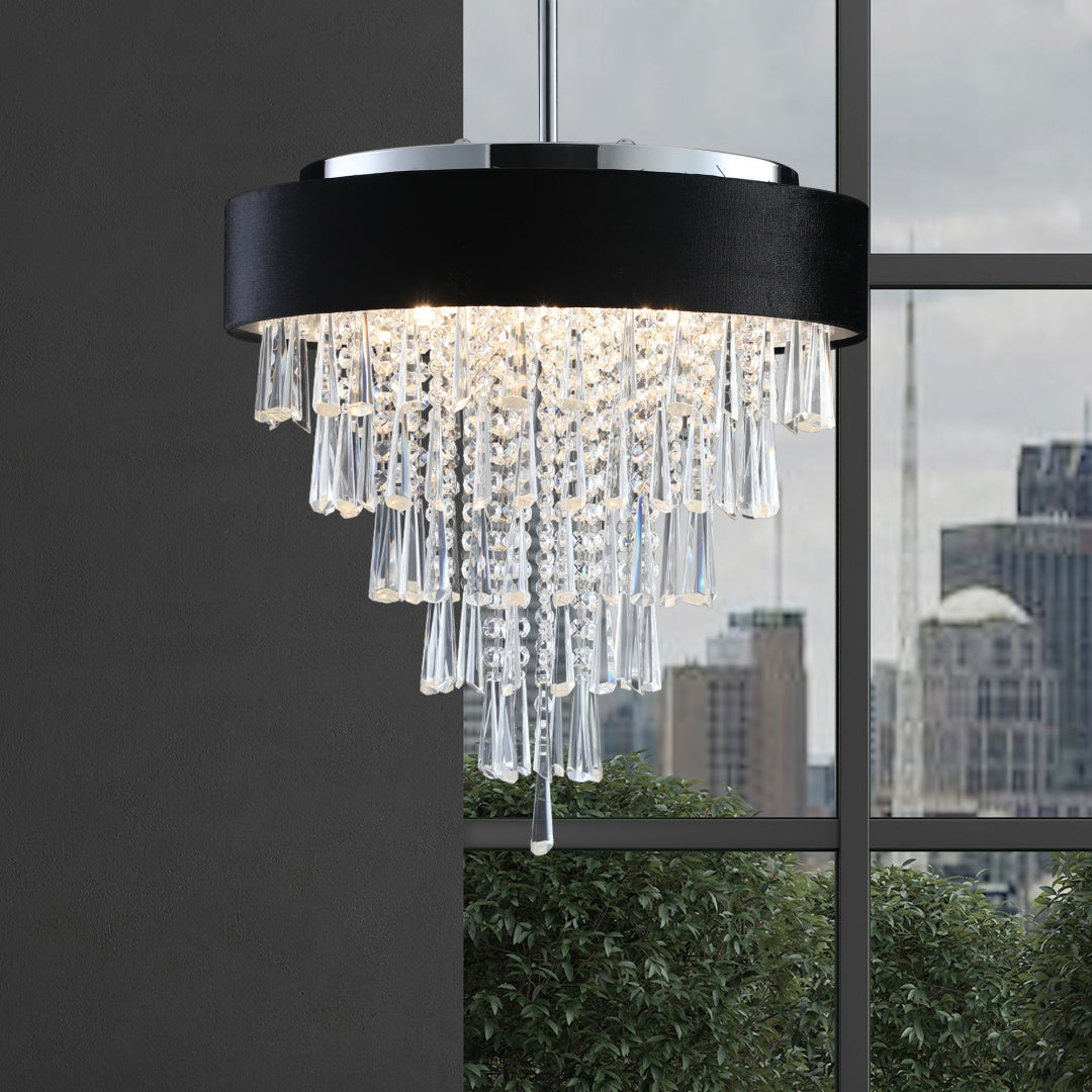 18-inch Modern Crystal Chandelier With Black Imitation Velvet Anti-Glare Shade, Adjustable Height, 8-Light G9 Base For Dining Room, Living Room, Or Bedroom  Bulb Not Included
