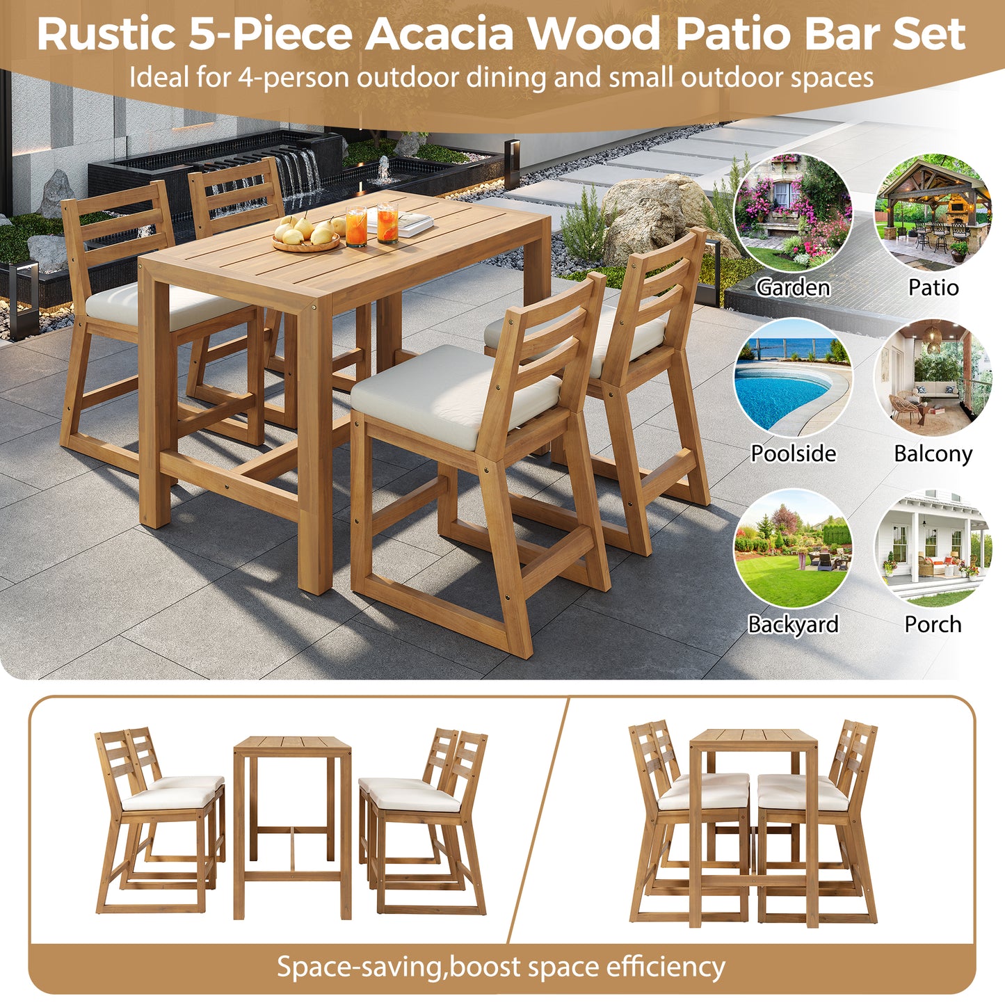 TREXM 5-Piece Rustic Patio Bar Set  Patio Table And Chairs Set With Ergonomic Chairs  Solid Wood Slatted Tabletop For Poolside  Balcony  Backyard  Porch  Light Teak Beige Cushion
