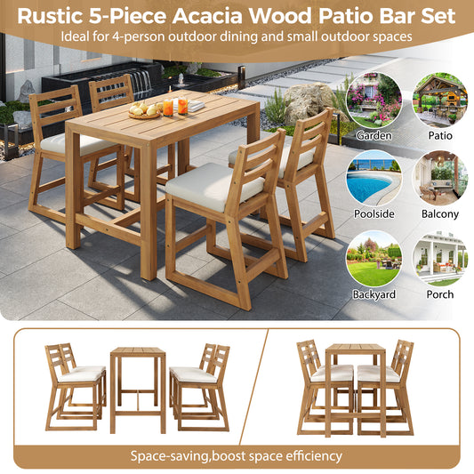 TREXM 5-Piece Rustic Patio Bar Set  Patio Table And Chairs Set With Ergonomic Chairs  Solid Wood Slatted Tabletop For Poolside  Balcony  Backyard  Porch  Light Teak Beige Cushion