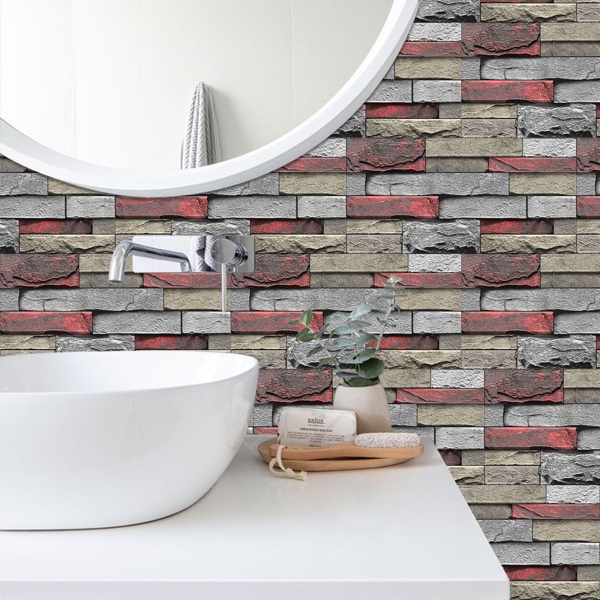 Red Stone Brick Marble Wall Sticker, PVC Easy To Clean And Waterproof, For Kitchen And Bathroom Splashback Wall Decoration