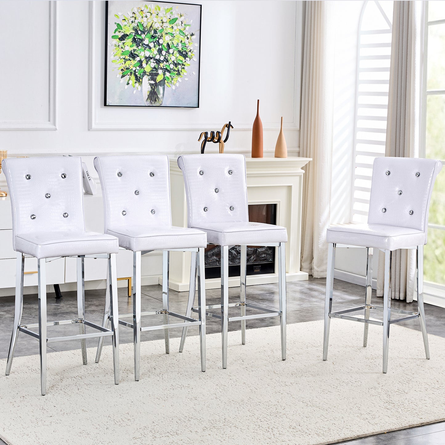 A Set Of 2 White Vintage Crocodile Leather Bar Chairs, Featuring Crystal Clasp Design And Synthetic Leather Design, Adding A Touch Of Elegance And Mystery To The Dining Area