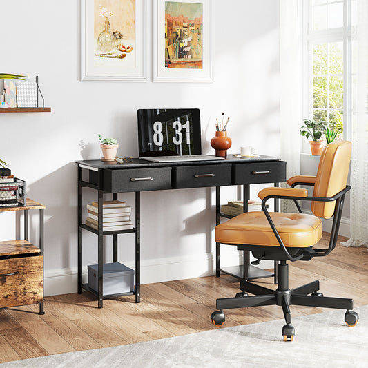 47" Small Computer Desk, Writing Desk With Fabric Drawers, Home Office Desk With Adjustable Shelves, Black