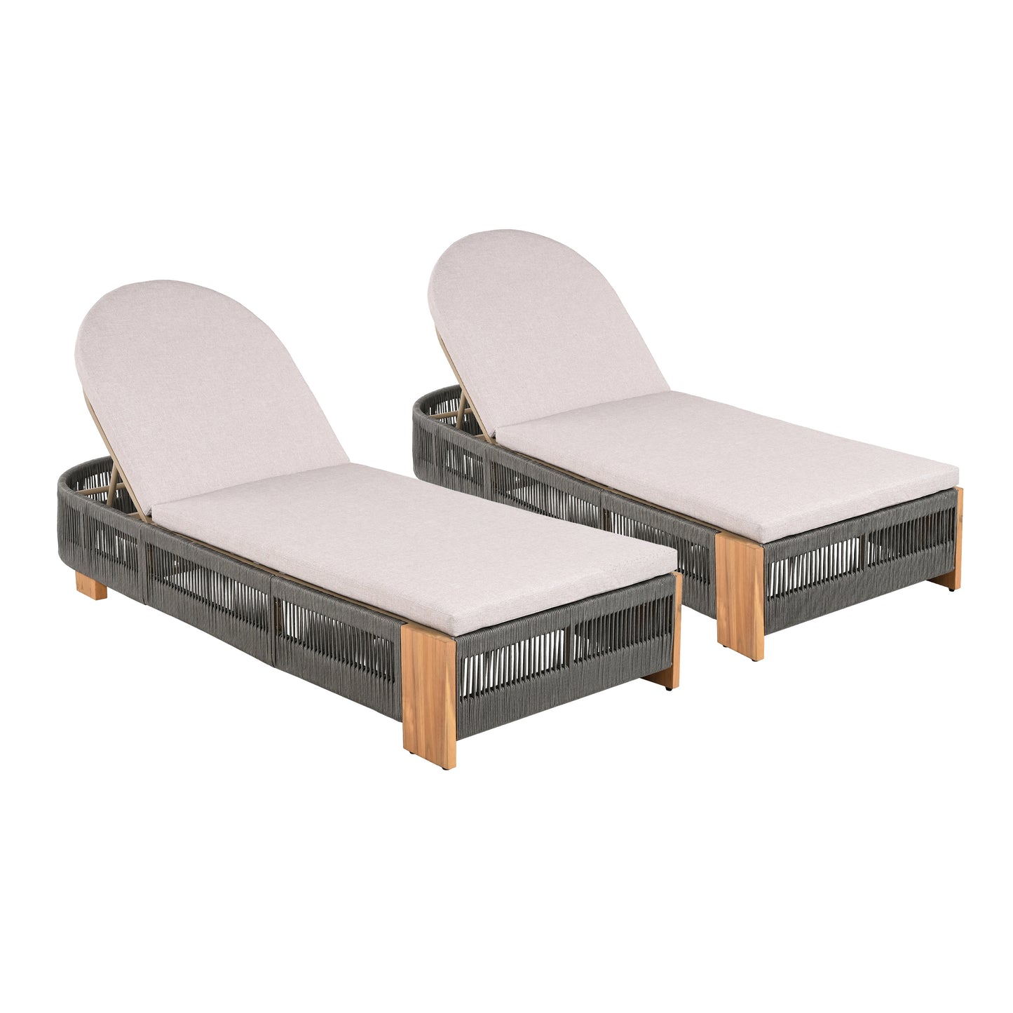 Outdoor  Acacia Wood Patio Adjustable Lounge Chair Set Of 2- Uncushioned For  Pool Garden-Grey Rope & Natural Iron