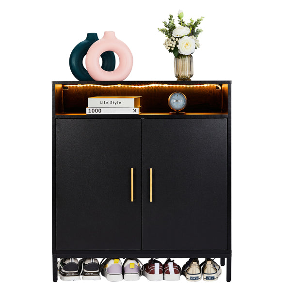 Double Door 6-Layer Shoe Cabinet With High Foot LED Lights Particle Board 80x38x90cm Black