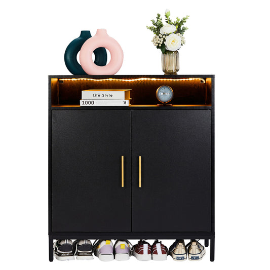 Double Door 6-Layer Shoe Cabinet With High Foot LED Lights Particle Board 80x38x90cm Black