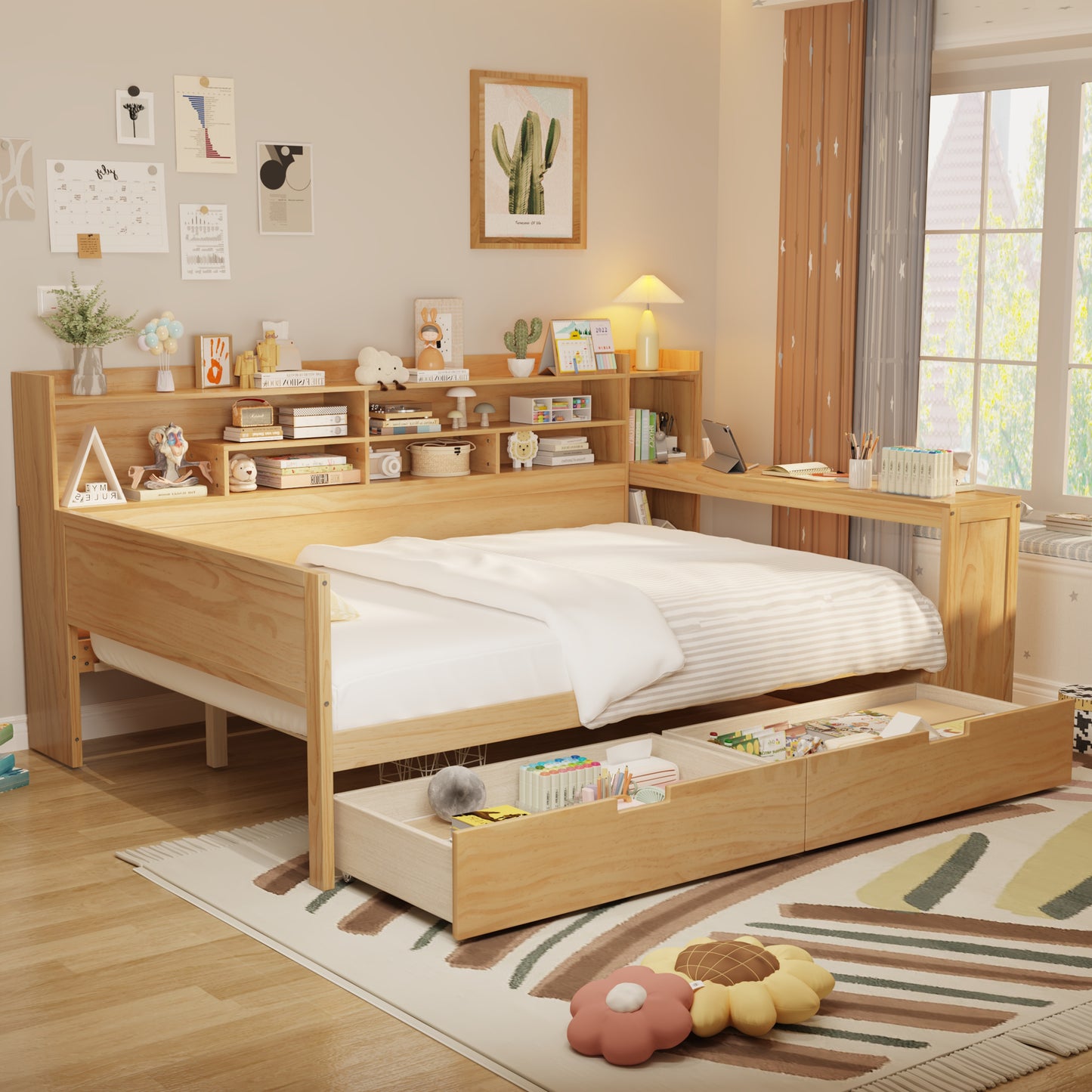 Wooden Full Size Daybed With Storage Shelves, Multi-functional Bed With Two Storage Drawers And  Study Desk, Natural