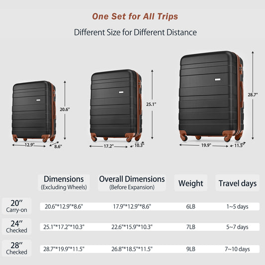 Luggage Sets New Model ABS Hardshell 3pcs Clearance Luggage Hardside Lightweight Durable Suitcase Sets Spinner Wheels Suitcase With TSA Lock 20 24 28 Black And Brown