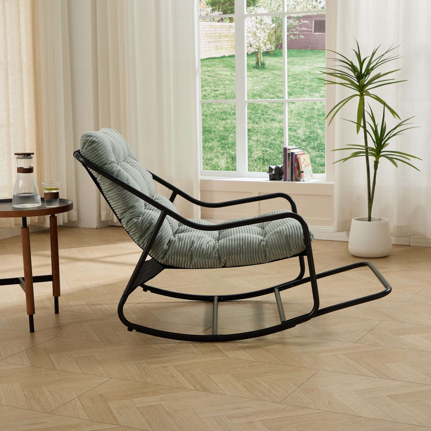 Outdoor Rocking Chair, Comfy Cushion, With Soft Thick Cushion,for Living Room, Bedroom, Reading Room, Black Frame With Light Green Cushion