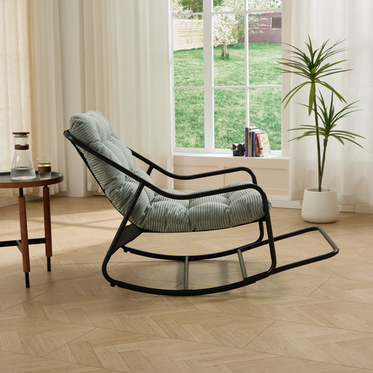 Outdoor Rocking Chair, Comfy Cushion, With Soft Thick Cushion,for Living Room, Bedroom, Reading Room, Black Frame With Light Green Cushion