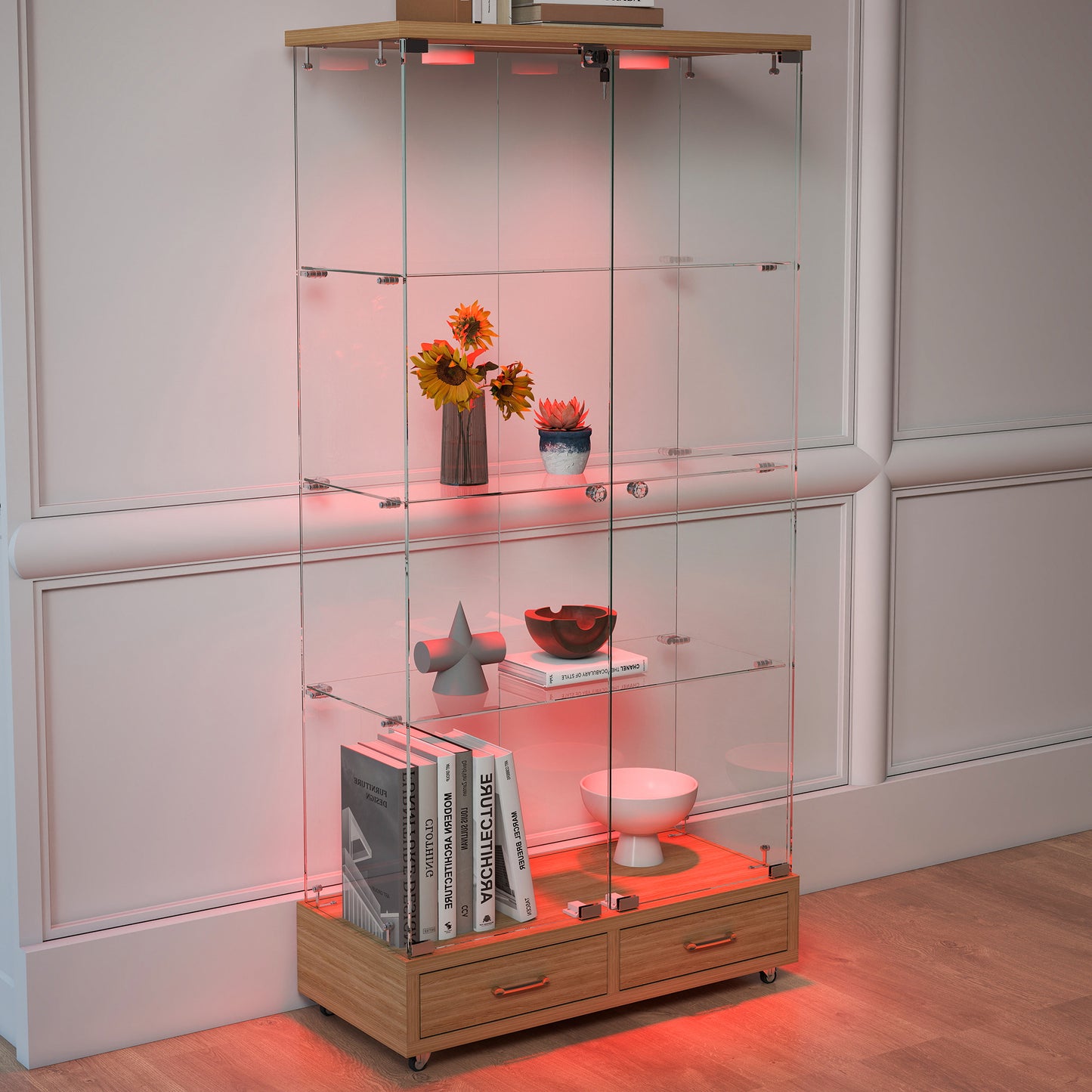 Modern Glass Display Cabinet With 2 Large Drawers , Quick-assembly Antique Cabinet With LED Lights, Tempered Glass Bookshelf, 2-Door Storage Case With 4 Shelves  For Living Room And Bedroom, Natural