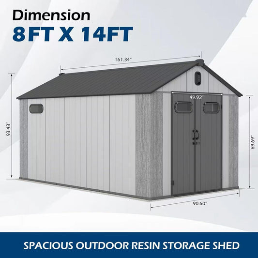 8x14Ft Resin Outdoor Storage Shed, Plastic Garden Shed With Carpet, Outside Weatherproof Storage Building For Tools, Bike, Lawn Mower, Patio,