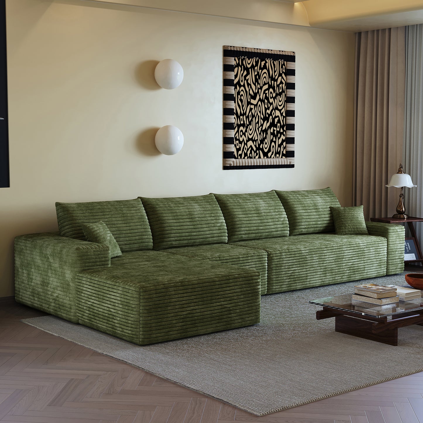 135  Cloud Sectional Couch With L-Shape Chaise,Modern Modular Sofa With Deep Seat, Upholstered Couches For Living Room Bedroom,No Assembly Required,  Plush Corduroy Fabric ,Green