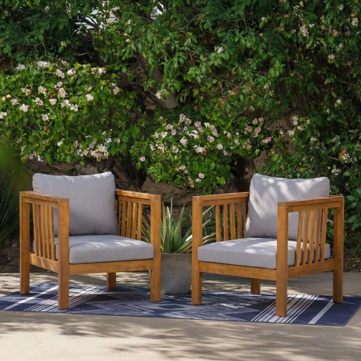 Set Of 2 Outdoor Acacia Wood Club Chairs With Modern Square Arms, 2-Piece Patio Conversation Set With Thick Cushions, Adjustable Leveling Feet For Poolside,  Deck, Grey Cushions