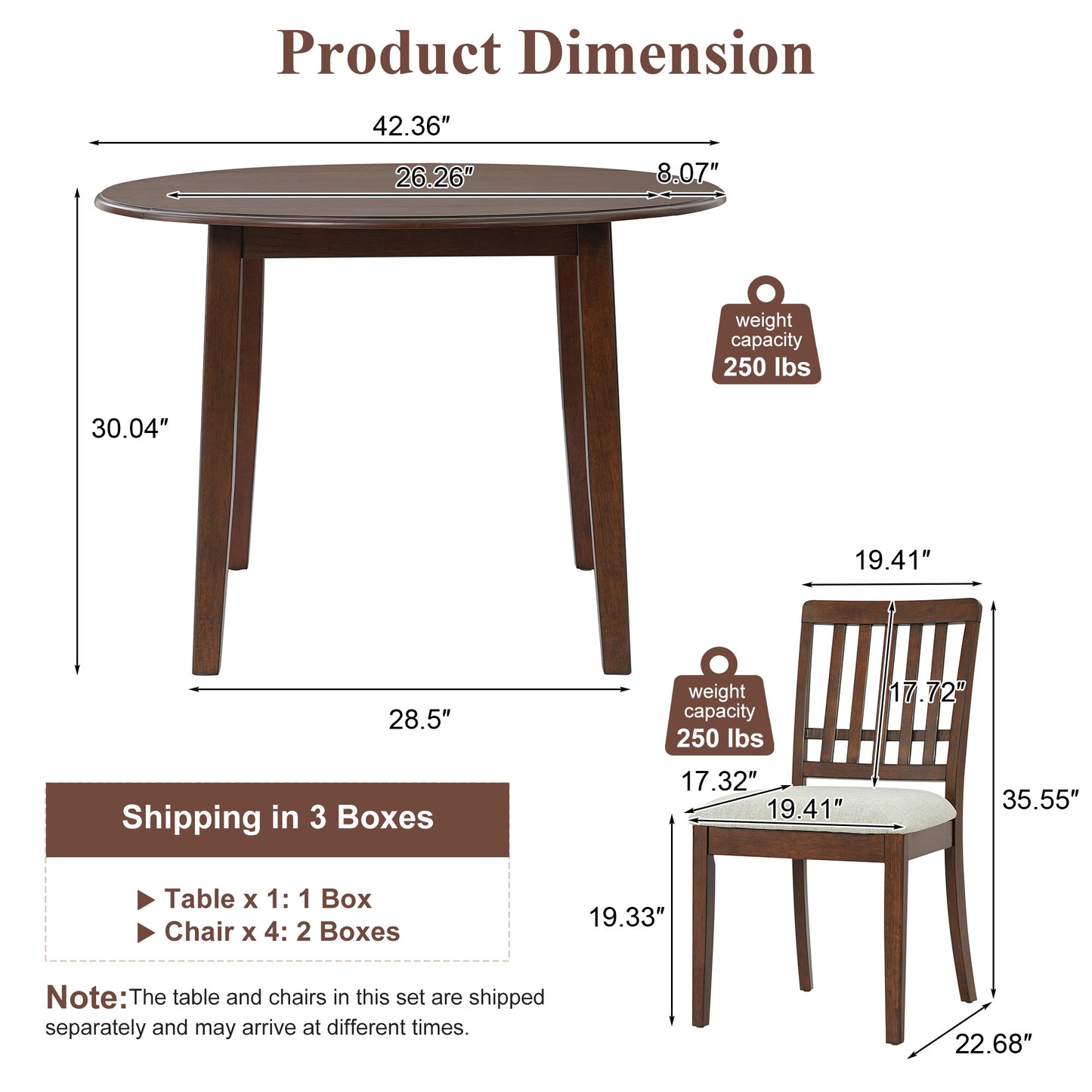 5-Piece Round Dining Table Set For 4 People, 1 Folding Wood Dining Table   4 Upholstered Chairs, Space-Saving Design For Small Apartments And Dining Areas - BROWN