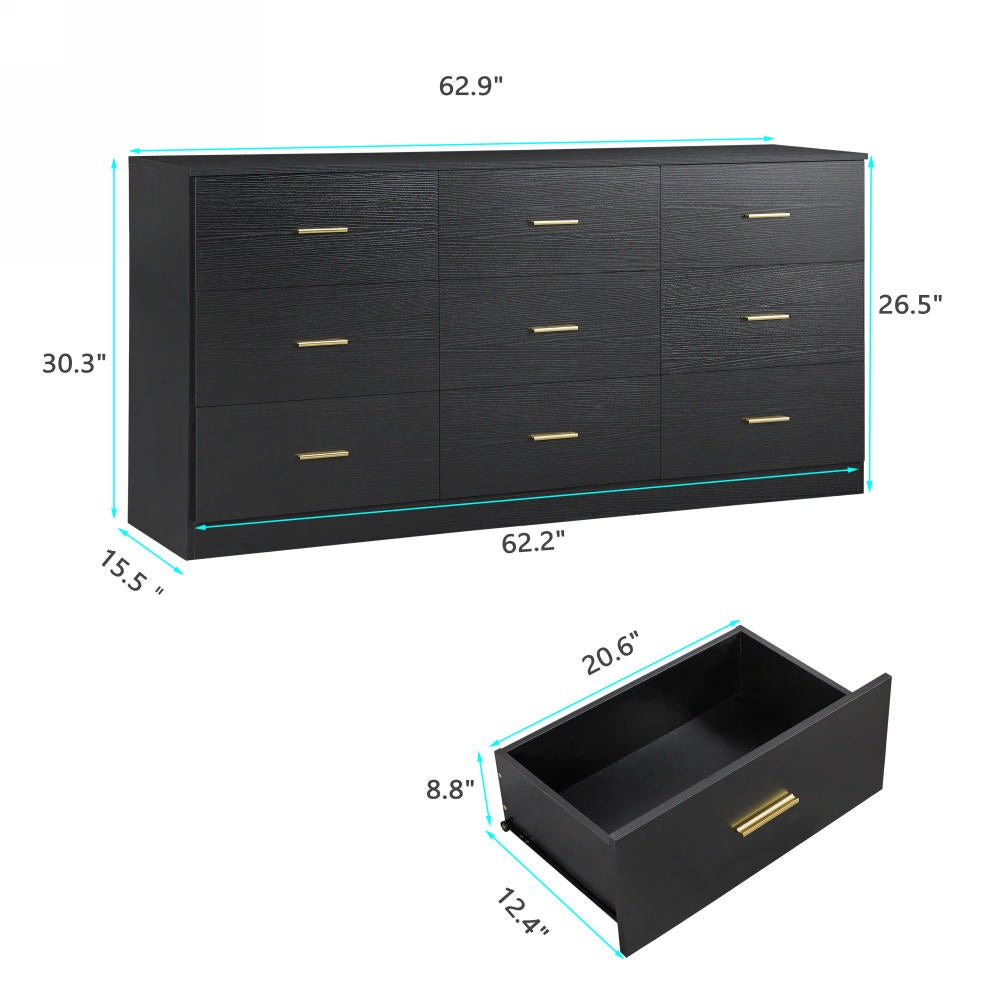Modern Black 9-Drawer Dresser For Bedroom - Ample Storage Wide Chest Of Drawers, Sturdy & Safe