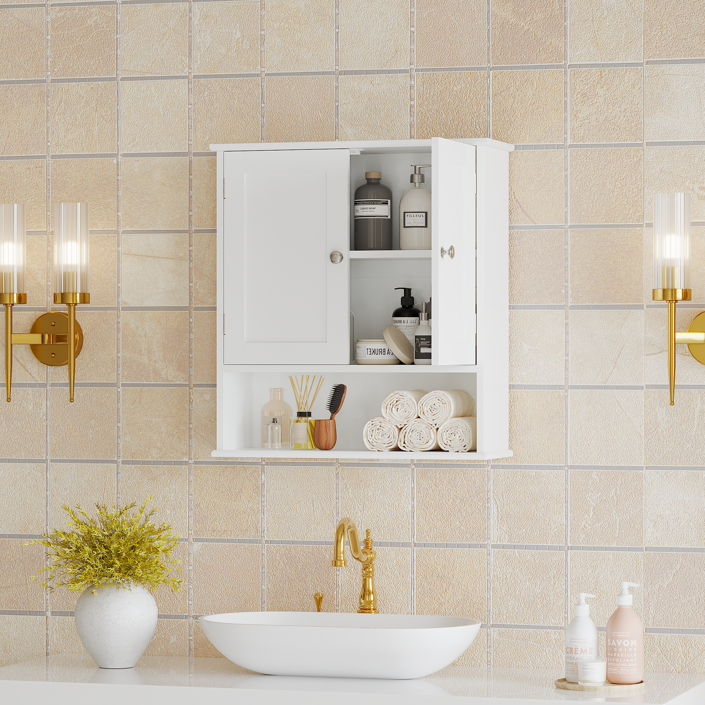 Bathroom Wall Cabinet With Door, Over Toilet Storage Cabinet With And Adjustable Shelves, 3-Tier Medicine Cabinet Wall Mounted, For Bathroom, Kitchen, Entryway, Laundry Room, White