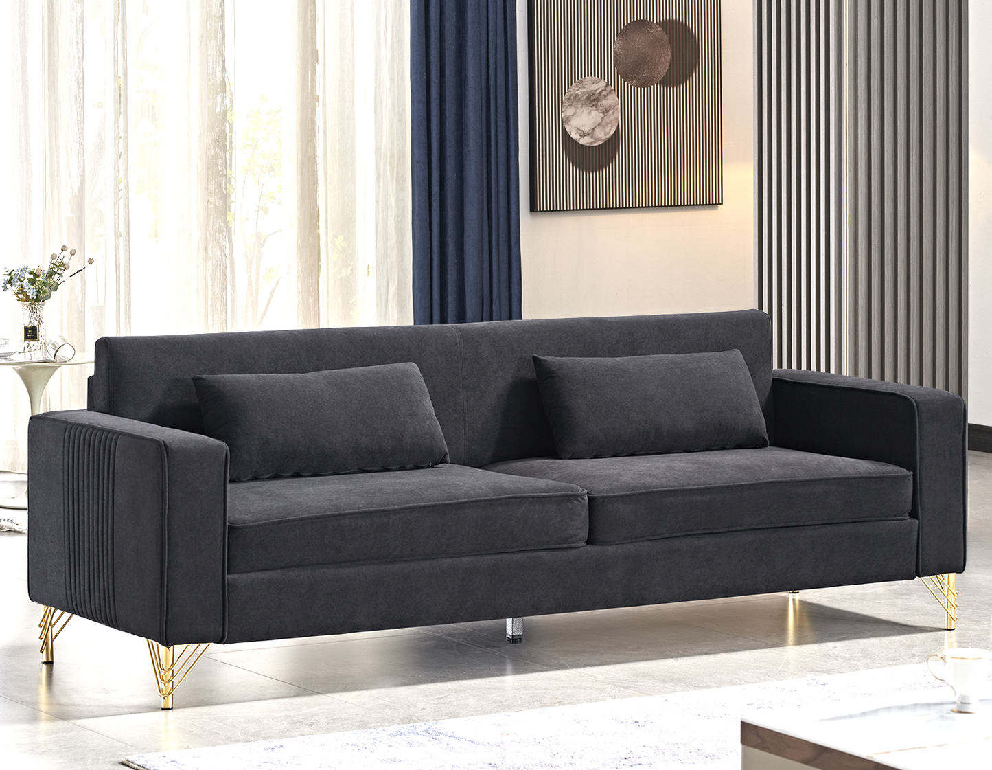Aesthetic 85.8   Velvet Sofas For Living Room, 3 Seater Couch With Classic Modern Appeal And Luxurious Soft Comfort, Easy To Maintain, Black