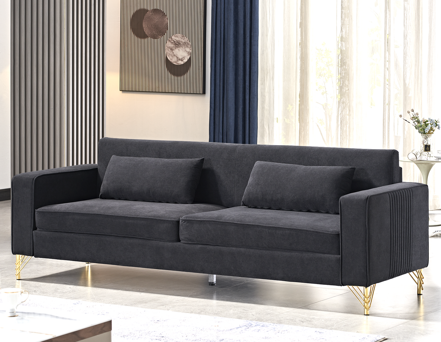 Aesthetic 85.8   Velvet Sofas For Living Room, 3 Seater Couch With Classic Modern Appeal And Luxurious Soft Comfort, Easy To Maintain, Black