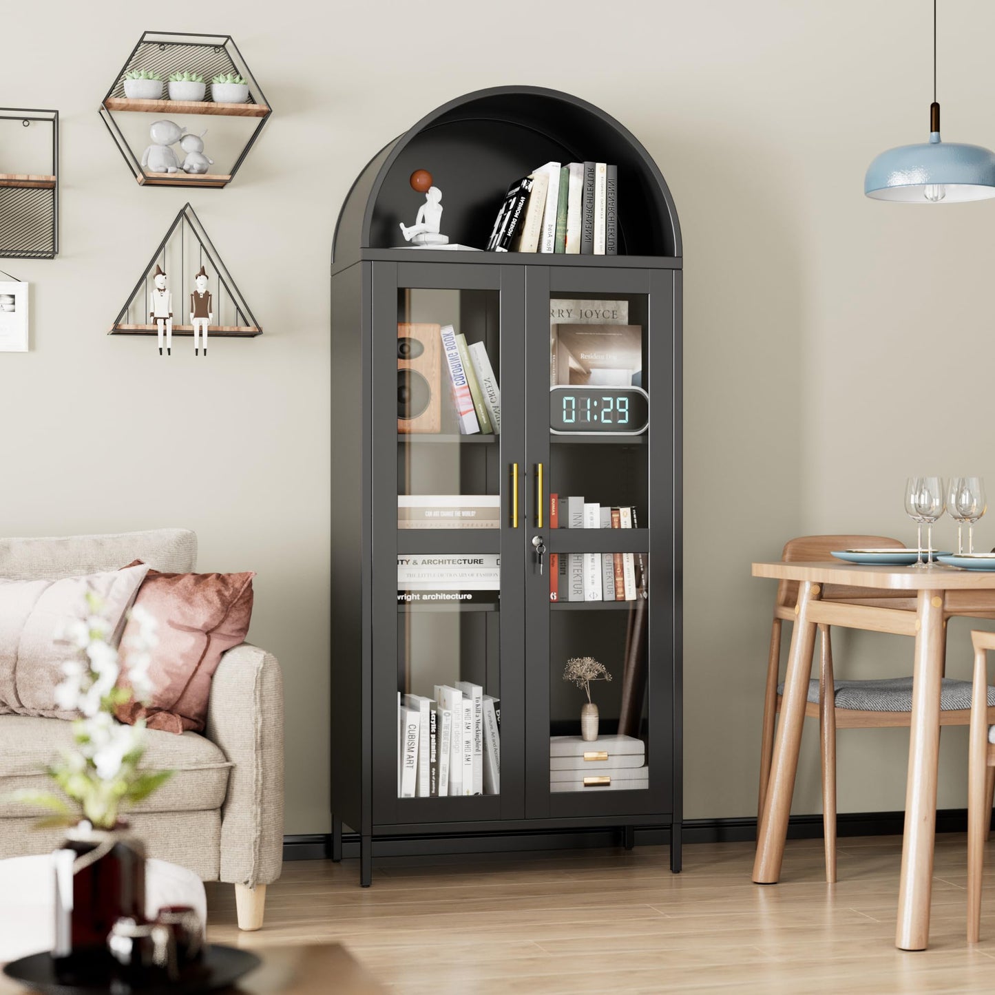 Metal Arched Cabinet With Lock, Arch Display Bookcase With Glass Doors Shelves, Modern Freestanding Kitchen Pantry Storage Cabinet For Dining Room, Home, Office, Assembly Required Black