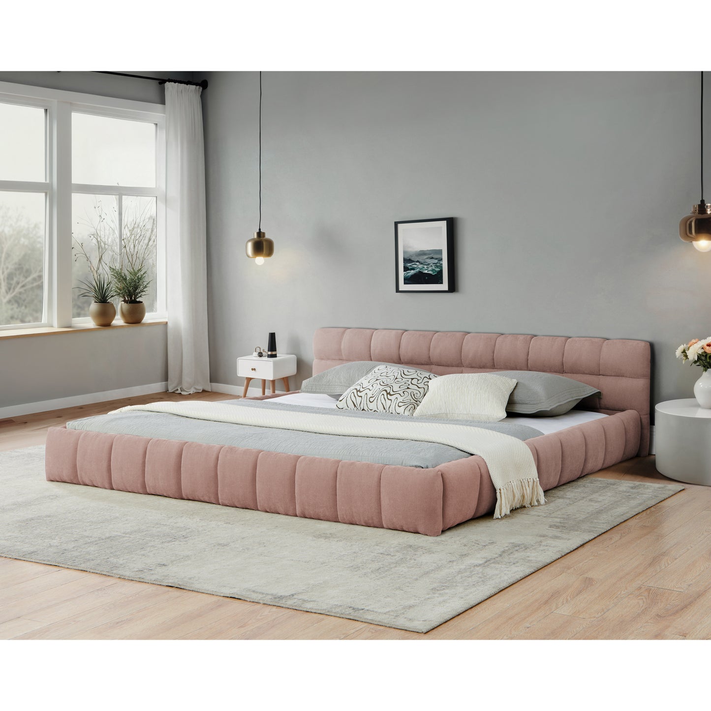 California King Size Upholstered Bed Frame With Thick Fabric, Chenille Fabric Grounded Queen Size Platform Bed With Headboard And Solid Frame. No Box Spring Needed-Pink90.5 X80.5x 31