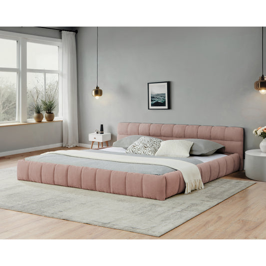 California King Size Upholstered Bed Frame With Thick Fabric, Chenille Fabric Grounded Queen Size Platform Bed With Headboard And Solid Frame. No Box Spring Needed-Pink90.5 X80.5x 31