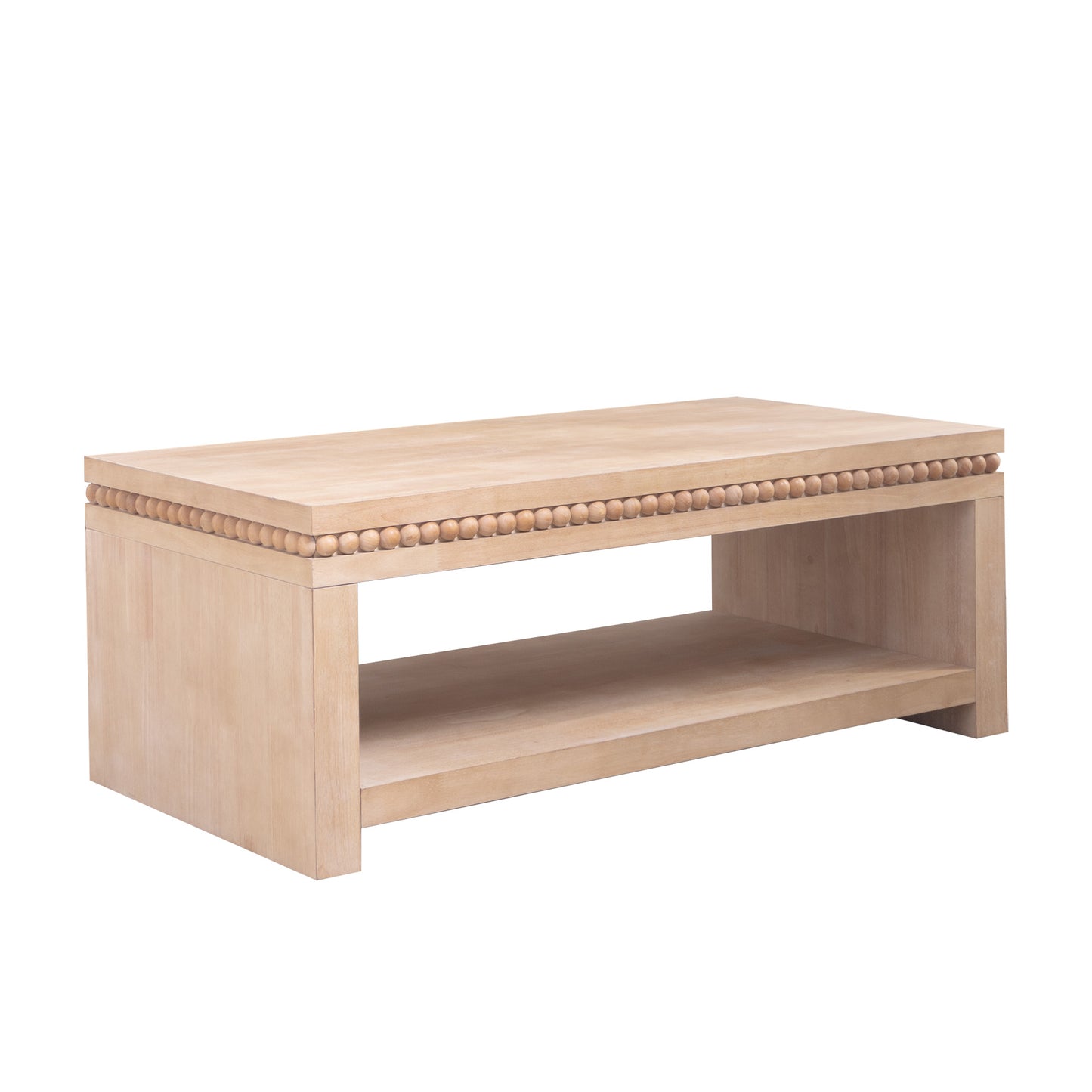 Modern Wood Coffee Table With Beaded Trim  47  Rectangular Coffee Table With Open Storage Shelf, Light Natural Finish  Farmhouse & Coastal Living Room Furniture