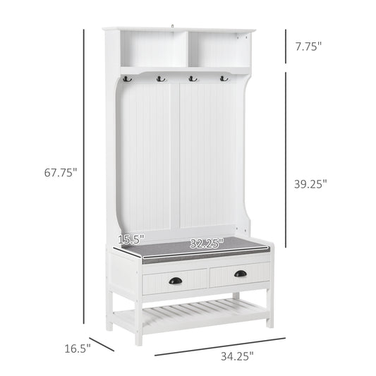 3-in-1 Hall Tree, Entryway Bench With Coat Rack, Mudroom Bench With Shoe Rack, 2 Storage Drawers, 4 Hooks And Padded Seat Cushions For Hallway, White