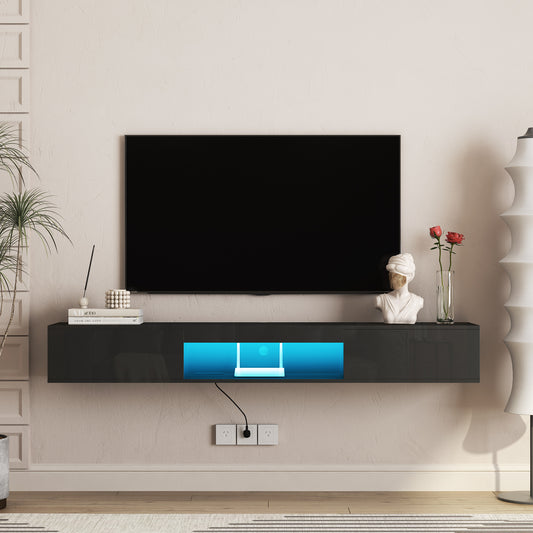 Floating TV Stand Wall Mounted With 16 Color LEDs,69  Modern TV Stand, Floating TV Cabinet Entertainment Center For 55 60 65 Inch TV,Black