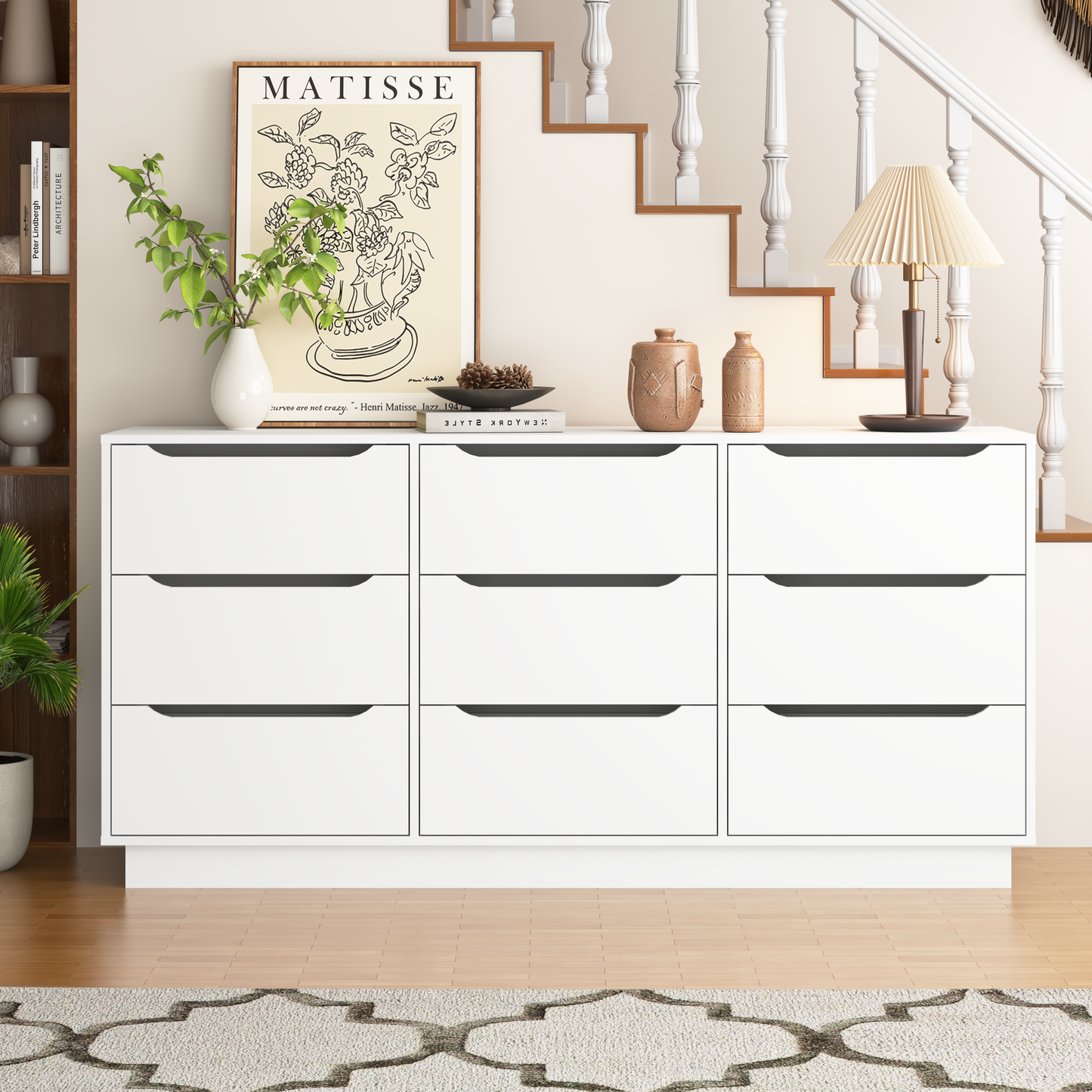 9 Drawer Dresser For Bedroom With Deep Drawers, Large Floor Wood Dressers & Chest Of Drawers , Modern White Long Dressers For Closet Living Room